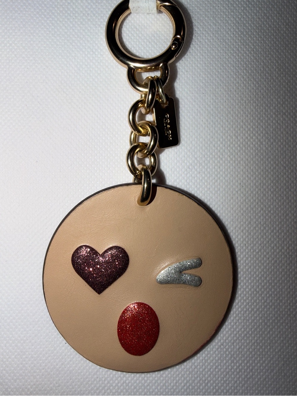 Coach Beige Leather Emoji Key Fob with Glitter Accents